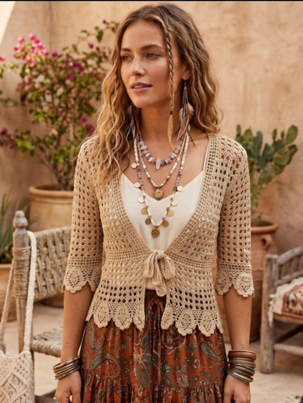 Beta's Choice Vintage Y2K Golden Crochet Tie-Front Boho Chic Bolero Size S